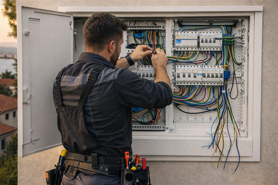 Električar radi na elektro-panelu